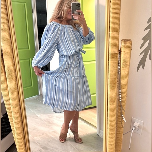 NWT,TOMMY BAHAMA, Vill Solstice Stripe Off The Shoulder Cotton Dress Blue Vault - Picture 3 of 14